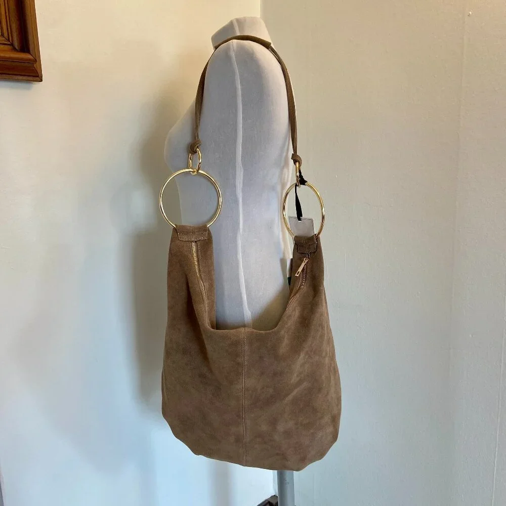 Marlon Borsa Art Rosita Italy Suede Leather Rings Taupe Hobo Tan Slouchy NEW - Picture 4 of 14